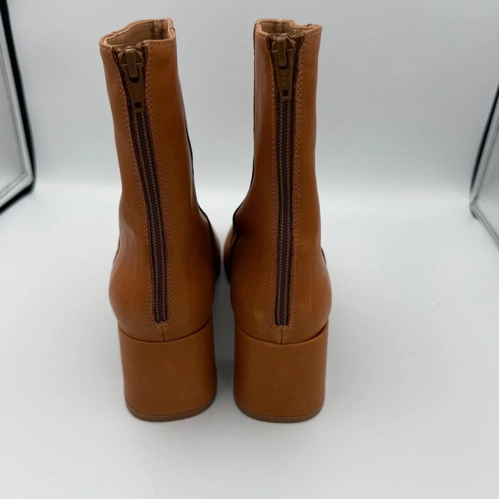 Anthropologie Harlow Tan Leather Ankle Boots Block Heel Zip Back Women EU 41